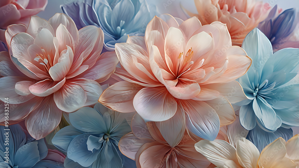 Digital artwork featuring a vibrant and intricate floral design. The layout is a close-up view of several large, overlapping flowers with delicate, flowing petals. Digital artwork featuring a vibrant and intricate floral design. The layout is a close-up view of several large, overlapping flowers with delicate, flowing petals.
