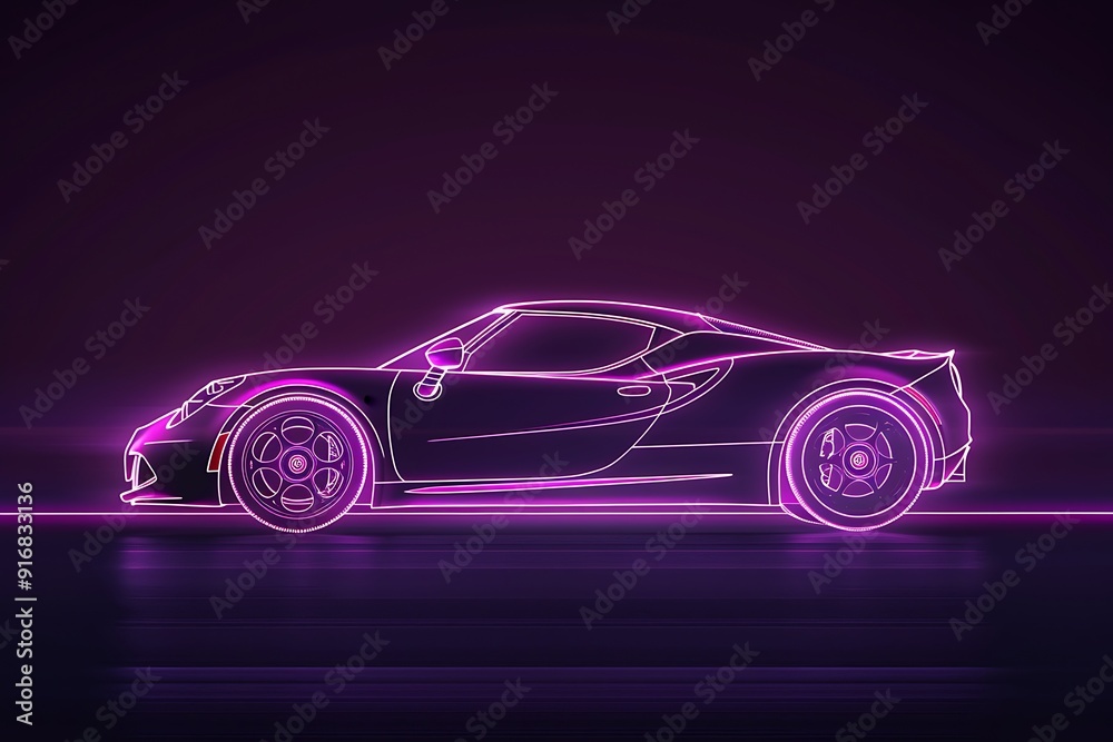 Cyberpunk neon car on the tech space and vertical rays of light around. Cyberpunk neon car on the tech space and vertical rays of light around.