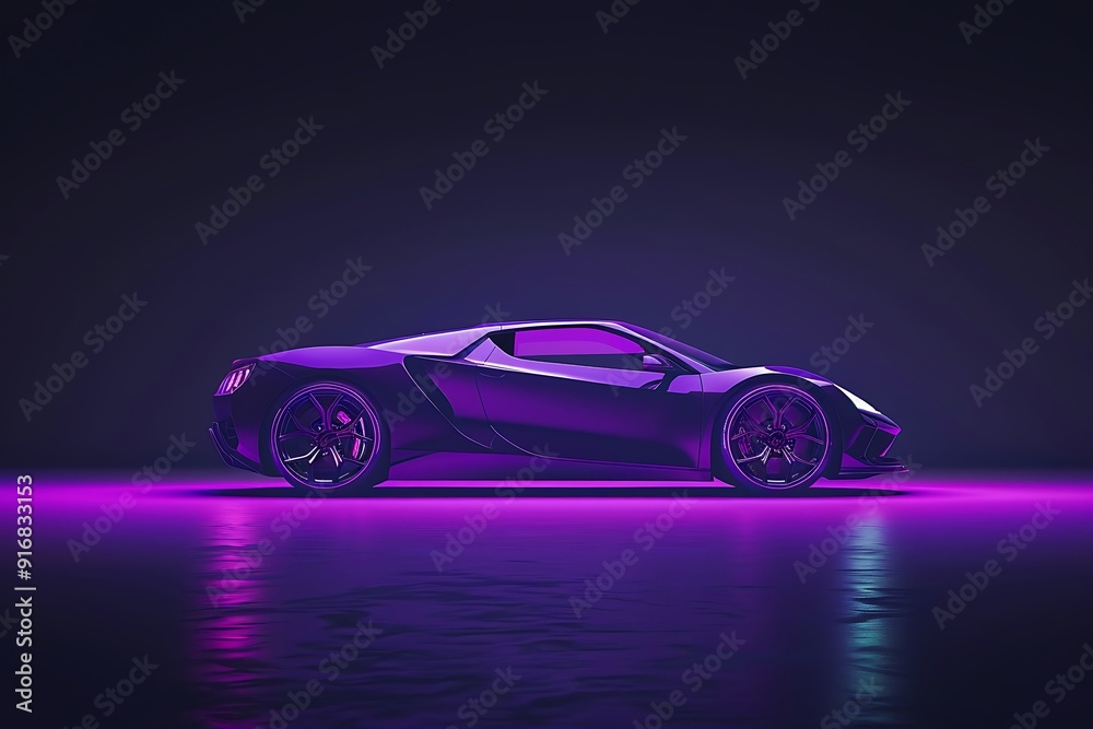 Cyberpunk neon car on the tech space and vertical rays of light around. Cyberpunk neon car on the tech space and vertical rays of light around.