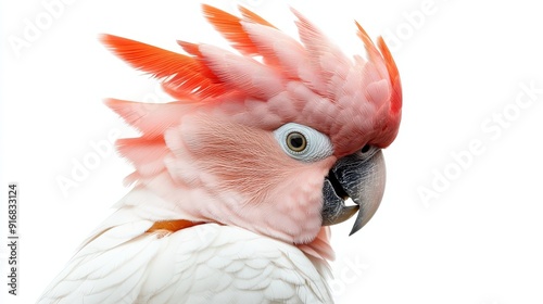 A close-up of a pink and white cockatoo showcasing its vibrant feathers and expressive features.