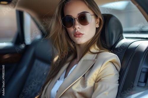 Beautiful businesswoman sitting at the back sit of a car