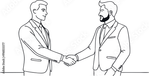 continuous single line drawing of businessmen shaking hands, business handshake line art vector illustration