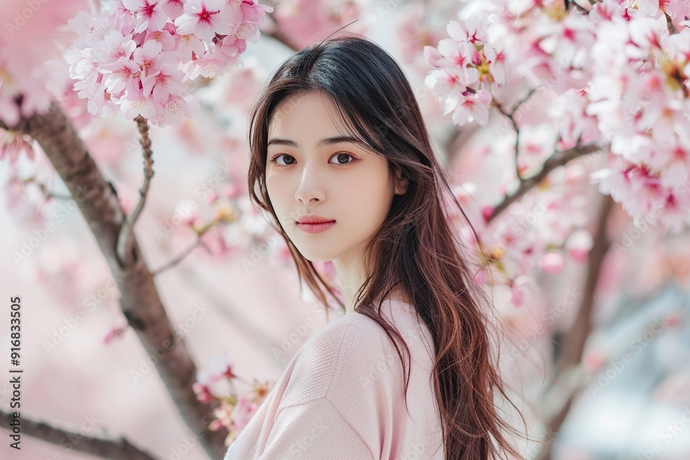 Portrait of young asian woman standing near a flowering sakura tree Portrait of young asian woman standing near a flowering sakura tree