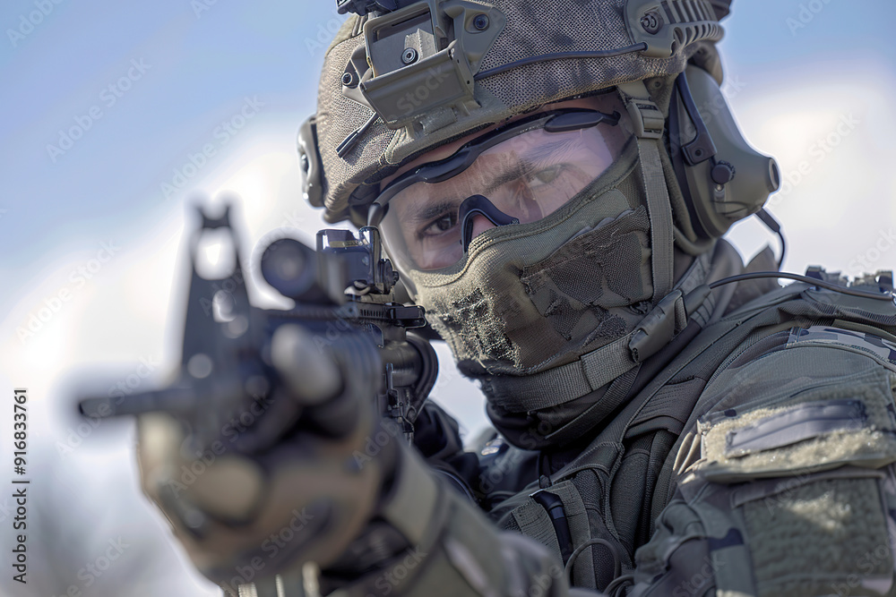 Portrait of military soldier in uniform and rifle Portrait of military soldier in uniform and rifle
