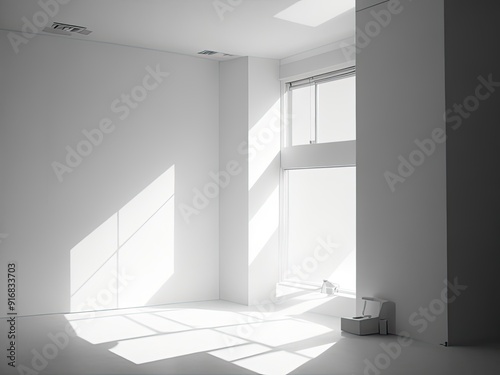 Abstract white studio space for product display presentation with light and shadow coming in from the window