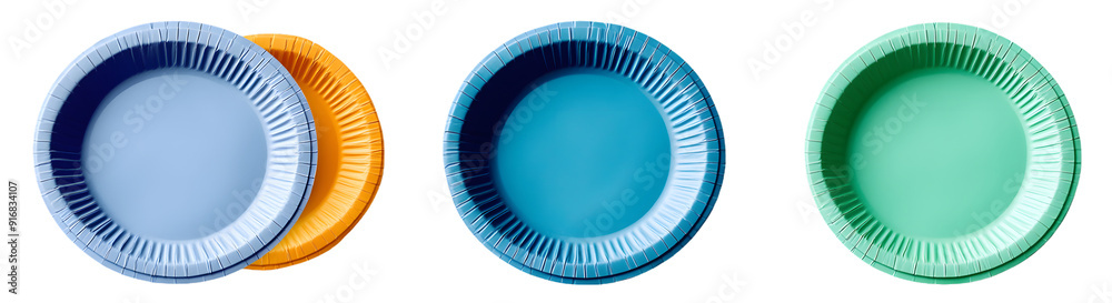 Collection of 4 eco-friendly disposable paper plates in various colors, transparent background Collection of 4 eco-friendly disposable paper plates in various colors, transparent background