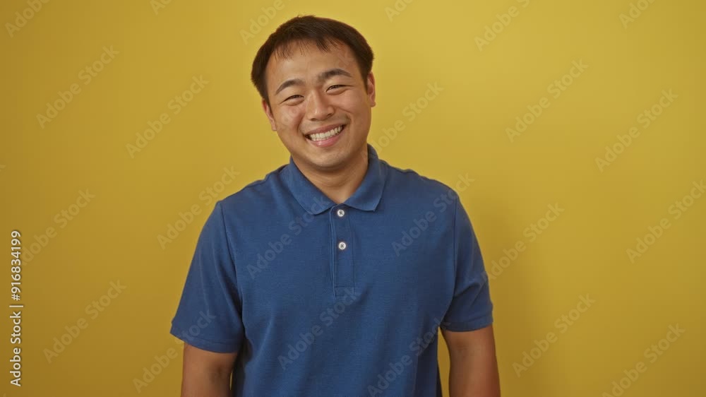 Young chinese man standing with cheeks puffing a funny face, mouth inflated while catching air over isolated yellow background Young chinese man standing with cheeks puffing a funny face, mouth inflated while catching air over isolated yellow background