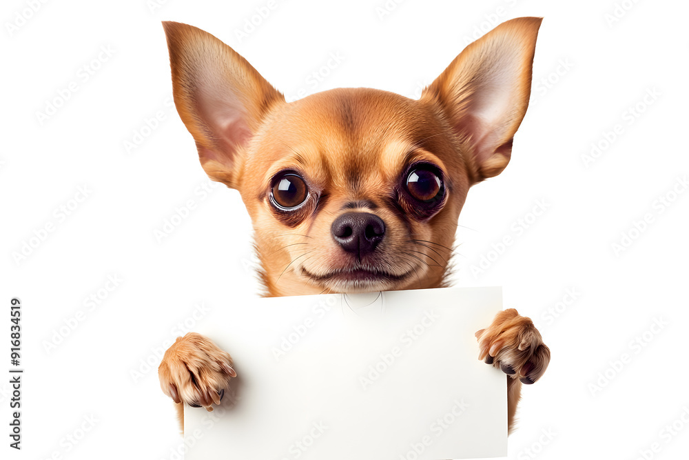 Obraz premium Cute chihuahua puppy holding blank white banner in its paws isolated on white background