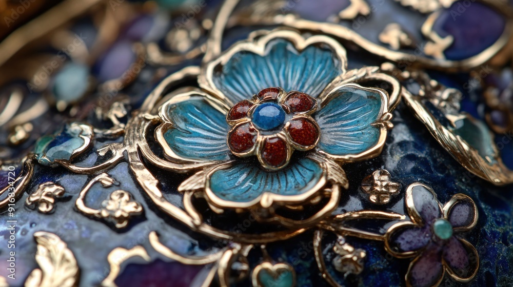 Close-up of a Decorative Blue Flower with Gold and Gemstones Close-up of a Decorative Blue Flower with Gold and Gemstones