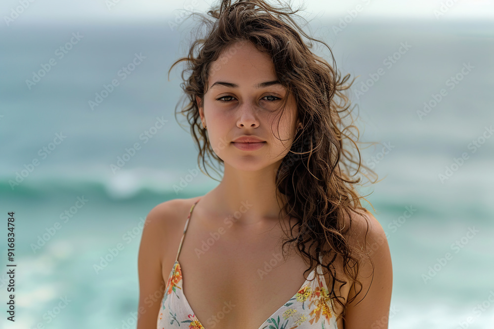 Cute attractive woman with curly hair on blurred ocean background Cute attractive woman with curly hair on blurred ocean background