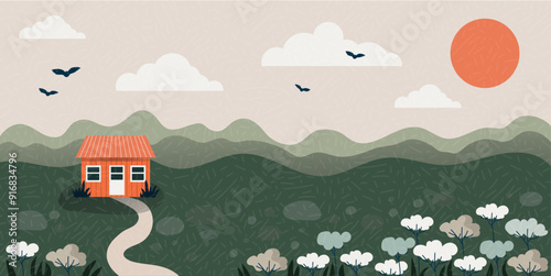 Nature. Cute vector illustration of landscape natural background, village, people on vacation in the park at a picnic, forest and trees. Drawings from the hand of summer and spring