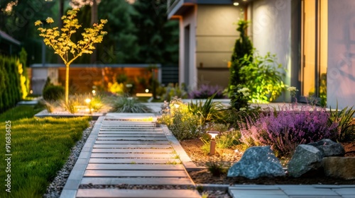 Modern gardening landscaping design details. Illuminated pathway in front of residential house. Landscape garden with ambient lighting system installation highlighting flowers plants