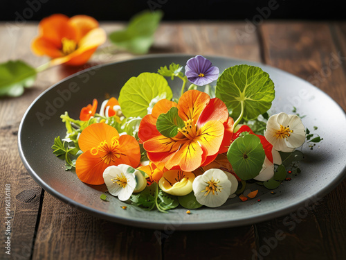 Healthy fresh salad with nasturtium flowers and leaves. photo