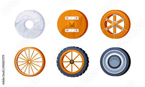 Set of wheels showing the evolution of this essential invention, from a simple stone to a modern rubber tire