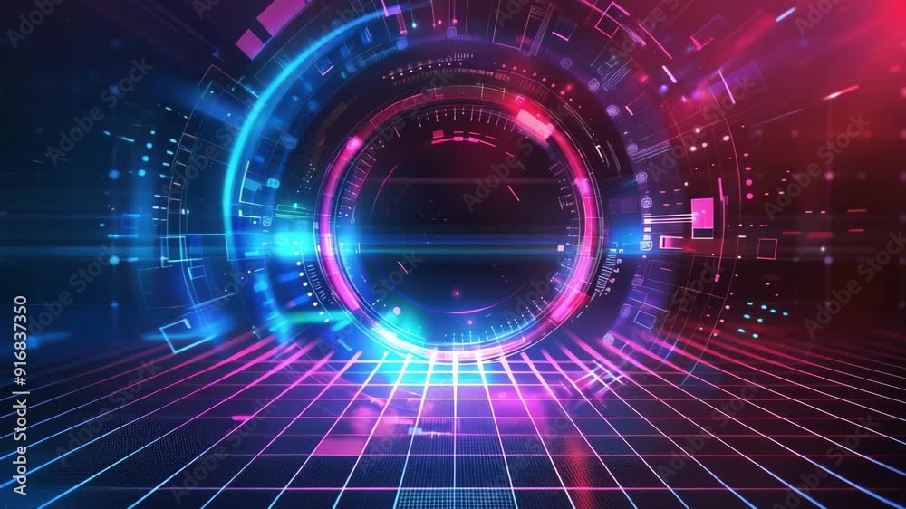 Futuristic digital backdrop with glowing circles and vibrant colors. Perfect for technology and sci-fi themes. Futuristic digital backdrop with glowing circles and vibrant colors. Perfect for technology and sci-fi themes.