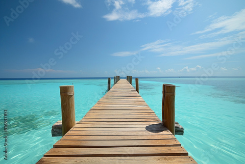 A wooden beach pier leading into turquoise water of the maldives. Maldives on a tropical beach scene