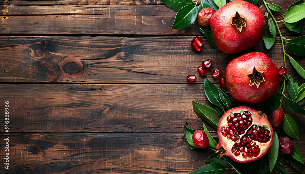 Cut fresh pomegranate and green leaves on wooden table, space for text Cut fresh pomegranate and green leaves on wooden table, space for text