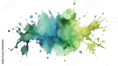 Green blue watercolor splash drops isolated on transparent background
