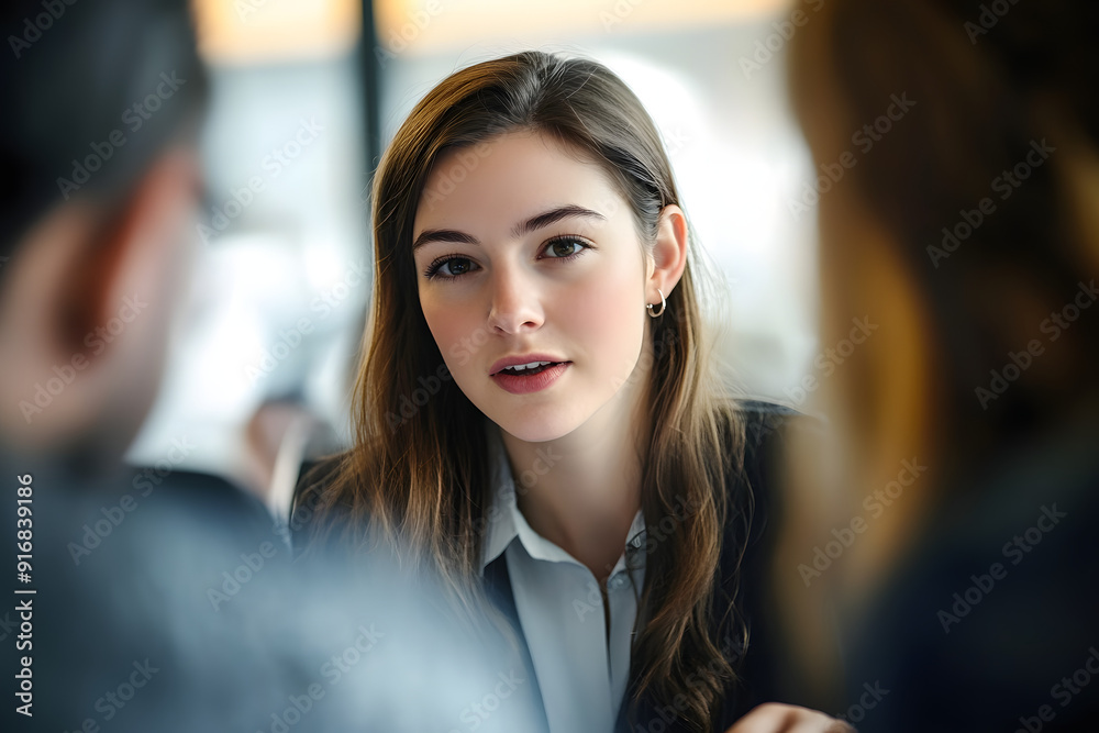 A young Caucasian female professional engaging in a focused discussion with team members. A young Caucasian female professional engaging in a focused discussion with team members.