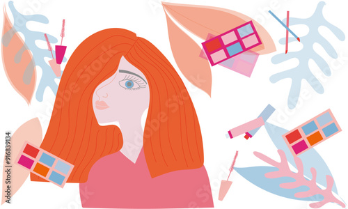 cosmetics set with a woman illustration
