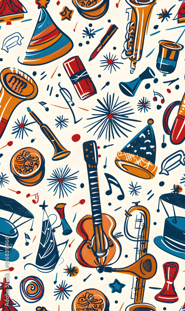 2D illustrated New Year card in a cute graphic style seamless pattern.