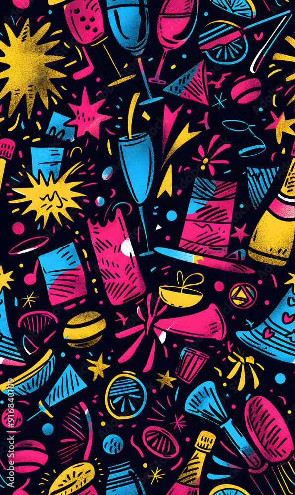 Fototapeta premium 2D illustrated New Year card in a cute graphic style seamless pattern.
