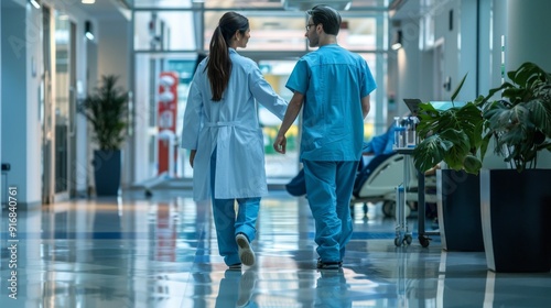 A female doctor in a white coat and a male nurse in blue scrubs are seen conversing in a hospital corridor, illustrating healthcare professionals at work.