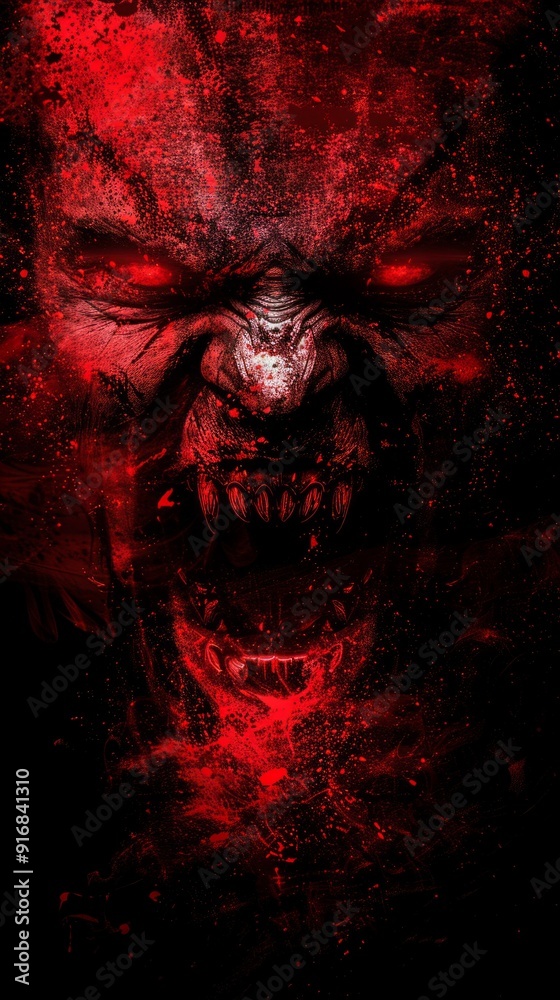 A digital painting depicts a monster's face with a single red eye, sharp teeth, and eerie features, set in a sinister atmosphere of dark and red tones. A digital painting depicts a monster's face with a single red eye, sharp teeth, and eerie features, set in a sinister atmosphere of dark and red tones.