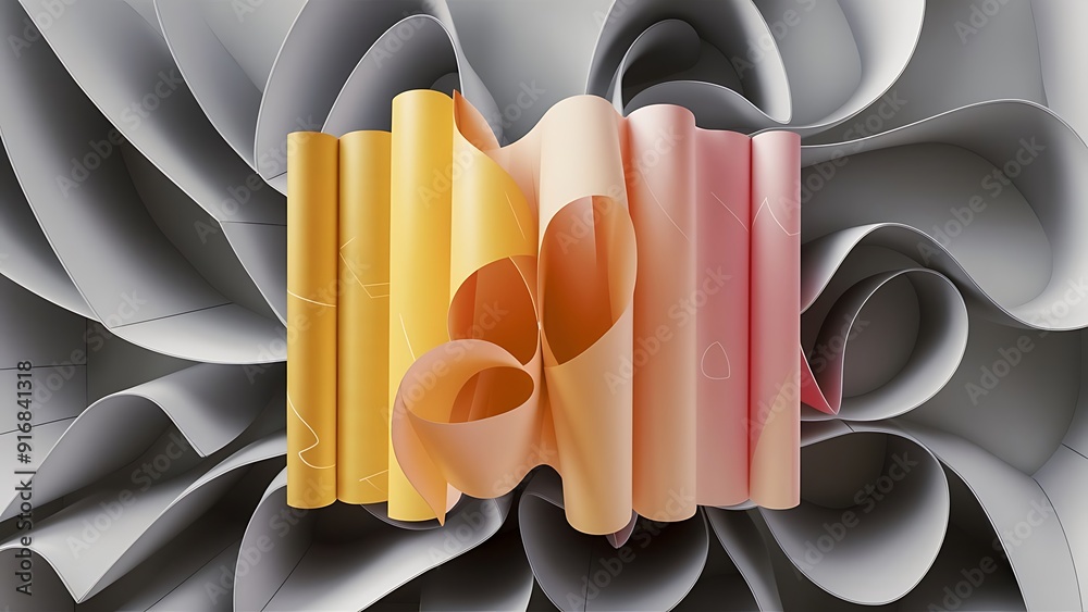 3d render, abstract background with folded paper scroll, modern wallpaper with yellow pink gradient, curvy folds 3d render, abstract background with folded paper scroll, modern wallpaper with yellow pink gradient, curvy folds
