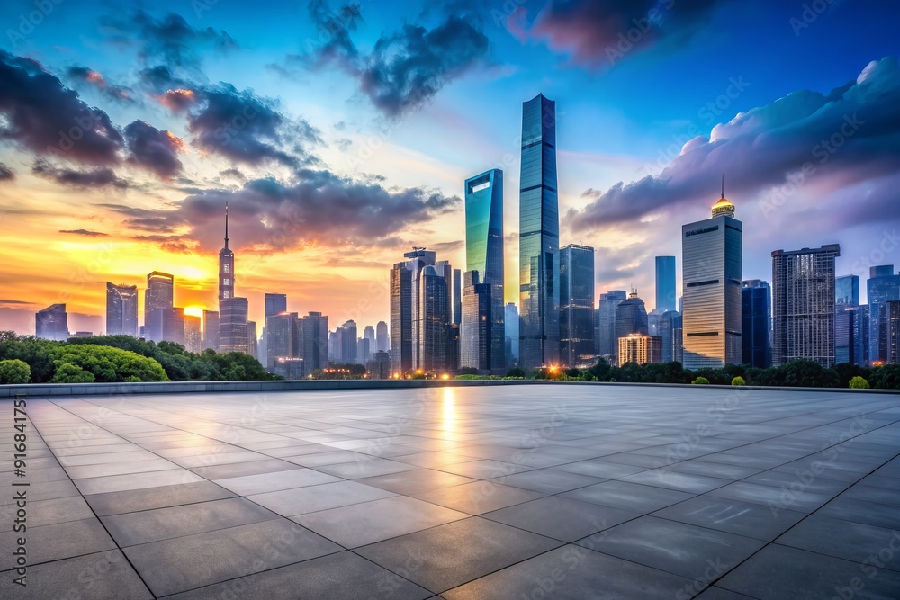 Dramatic panoramic view of empty square floors and modern city skyline with sleek skyscrapers at dusk in Guangzhou, China. Dramatic panoramic view of empty square floors and modern city skyline with sleek skyscrapers at dusk in Guangzhou, China.