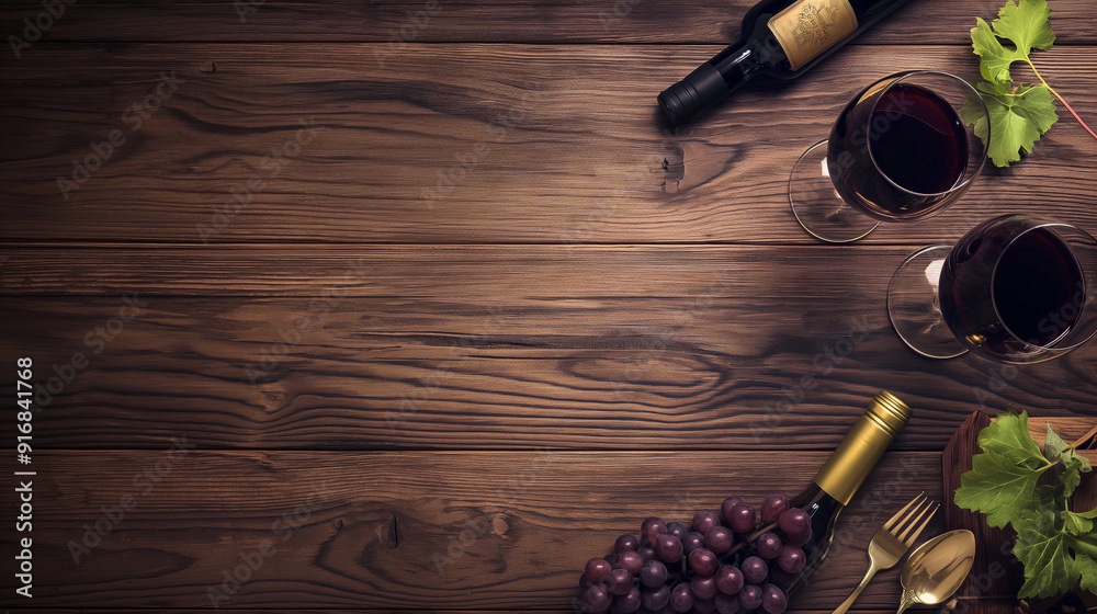 Obraz premium A wooden table with a bottle of wine, two wine glasses, and a fork