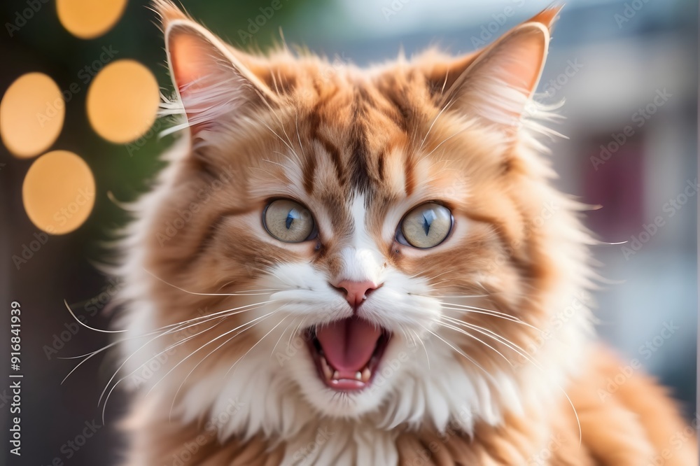 Close-up portrait of a ginger cat with white markings, looking startled with its mouth open. Close-up portrait of a ginger cat with white markings, looking startled with its mouth open.