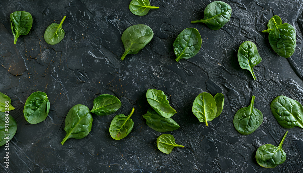 Fresh spinach leaves on dark textured table, flat lay Fresh spinach leaves on dark textured table, flat lay