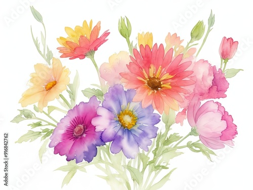 Bright flowers in watercolor isolated on a clear or white background