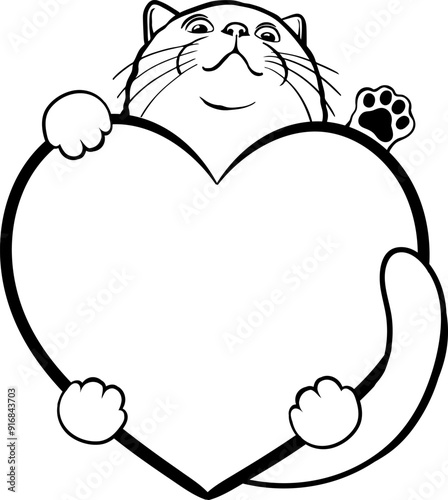 Heart frame hugs cat with paws. Funny illustration with kitten, outline, line art