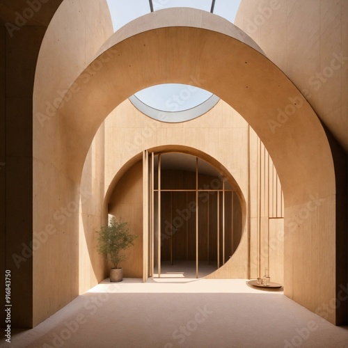 A vertical internal circular cylindre corridor with minimalist space, an ogive circular roof, white sand photo