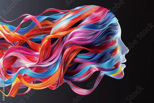 3d digital abstract human face on a dark background. Futuristic face cut into colored slices photo