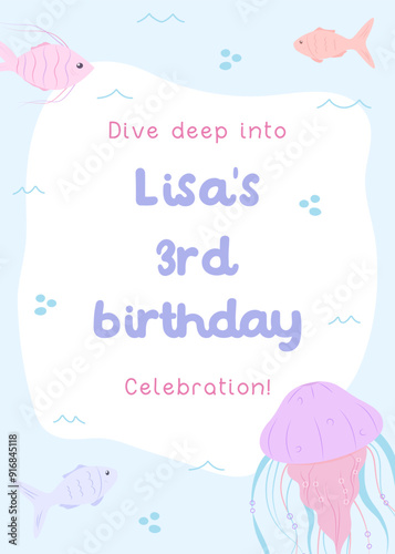 Underwater world birthday invitation for children. Festive third birthday card with fish and jellyfish in gentle pastel tones