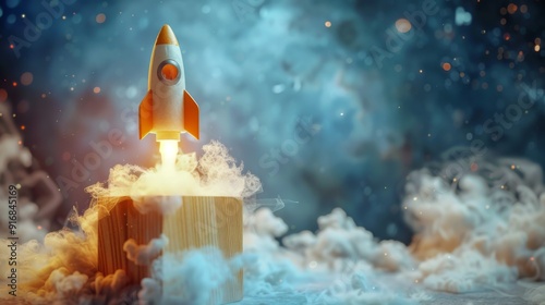 Rocket launching from wood cube with business icon, Start - up, Creativity, Big idea,