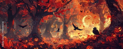 A fantasy painting of the witch's forest, with tall trees and leaves that have turned orange photo