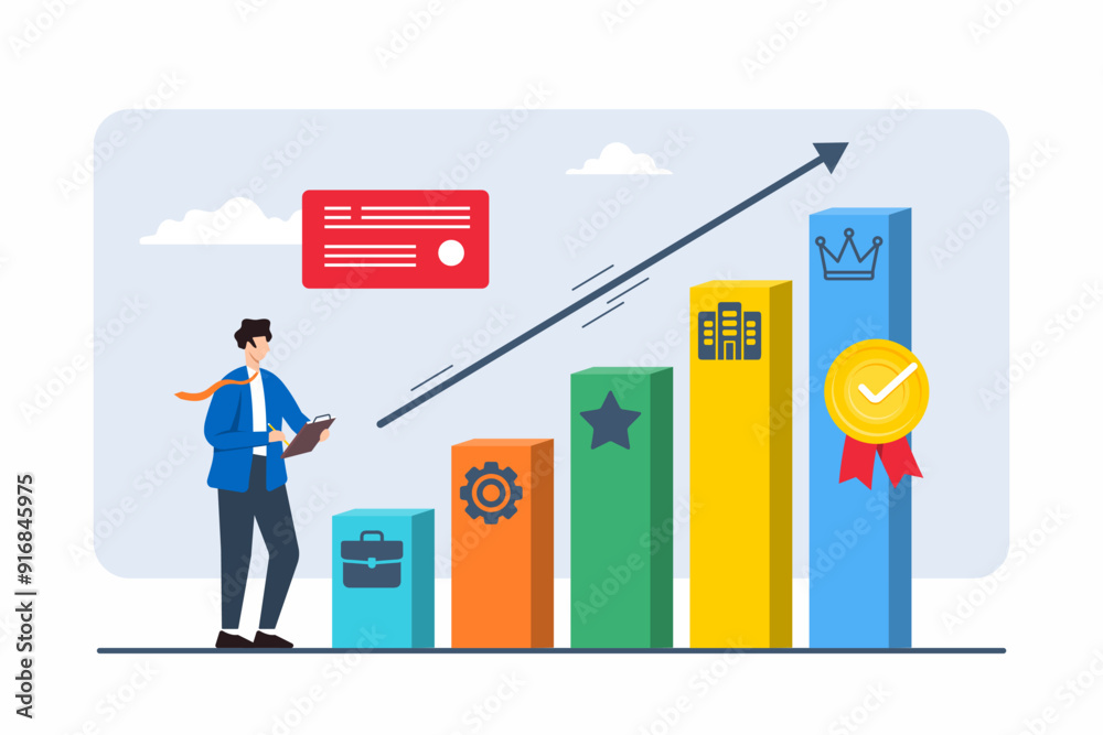 Flat illustration of individual charting course through different career stages with directional arrows Flat illustration of individual charting course through different career stages with directional arrows