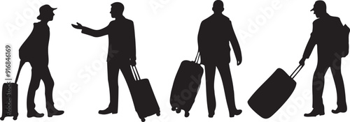 Set of silhouettes of male tourists with suitcases on transparent background