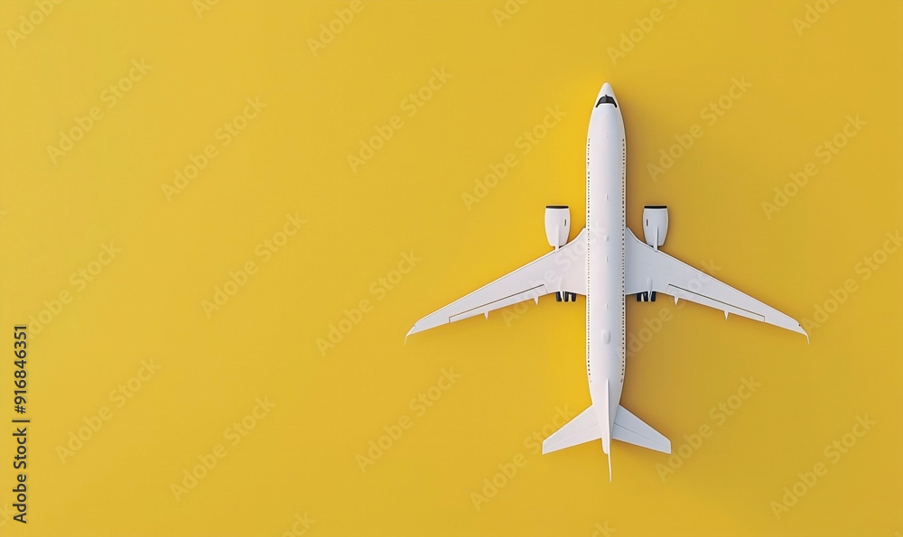 White Airplane on Yellow Background - Top View Travel Concept White Airplane on Yellow Background - Top View Travel Concept