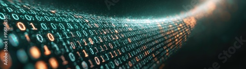Digital binary code data streaming on a dark, greenish abstract background, reflecting the concept of technology 