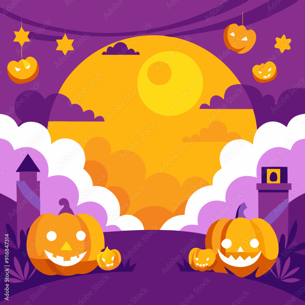 Happy Halloween square banner background with violet fog clouds, a full moon, a bat, a grave, and pumpkins. Happy Halloween square banner background with violet fog clouds, a full moon, a bat, a grave, and pumpkins.