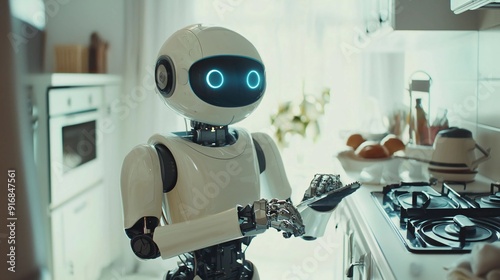 A white robot with blue eyes is standing in a kitchen, looking at a black stove.