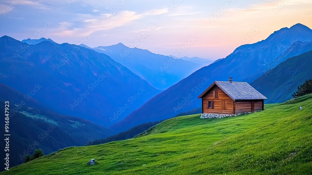 A wooden house is set against a vibrant sunset backdrop over green hills and majestic mountains, creating a peaceful rural retreat A wooden house is set against a vibrant sunset backdrop over green hills and majestic mountains, creating a peaceful rural retreat