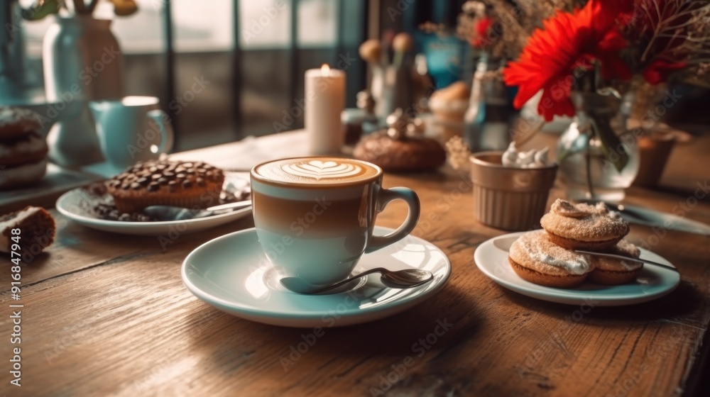 Coffee and Pastries on a Wooden Table Coffee and Pastries on a Wooden Table