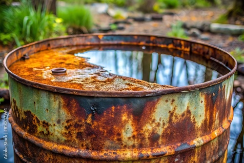 Rusty steel barrel with corroded surface, water-soaked and damp, exhibiting signs of decay and neglect in a worn environment.