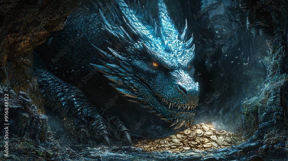 Fierce Dragon Guarding a Glittering Treasure Hoard in a Mysterious Dark ...